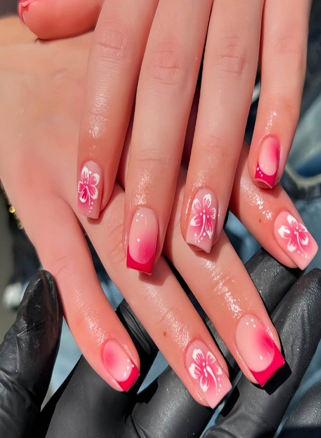 YoYoee 24-Piece Short Square Press on Nails - French Small flowers False Nails | Gradient Fake Nails for Women Elegant & Durable Artificial Nails for Instant Manicure - Image 1